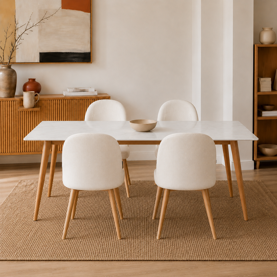 Cuatro sillas Lara Beige Base Natural alrededor de una mesa rectangular Aira en un comedor de tonos cálidos.
