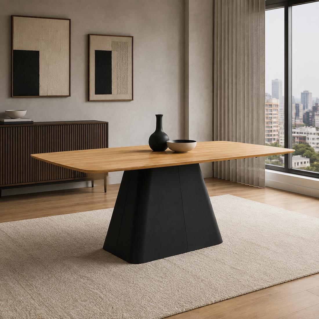 Mesa Tierz con tapa símil madera de roble y base metálica negra trapezoidal en un comedor moderno.