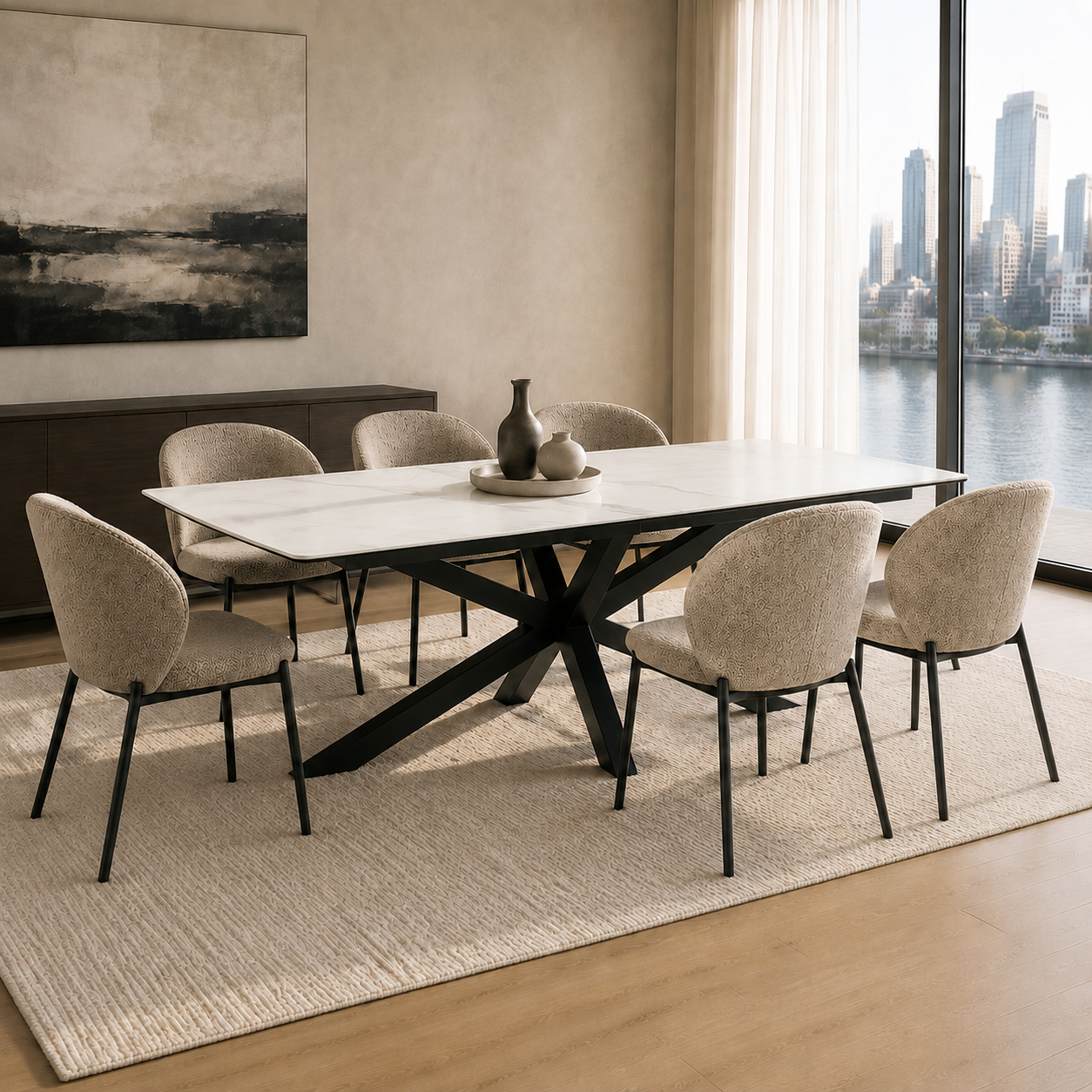 Mesa Turín Neo Statuario ambientada en un comedor con seis sillas y base de hierro negra.