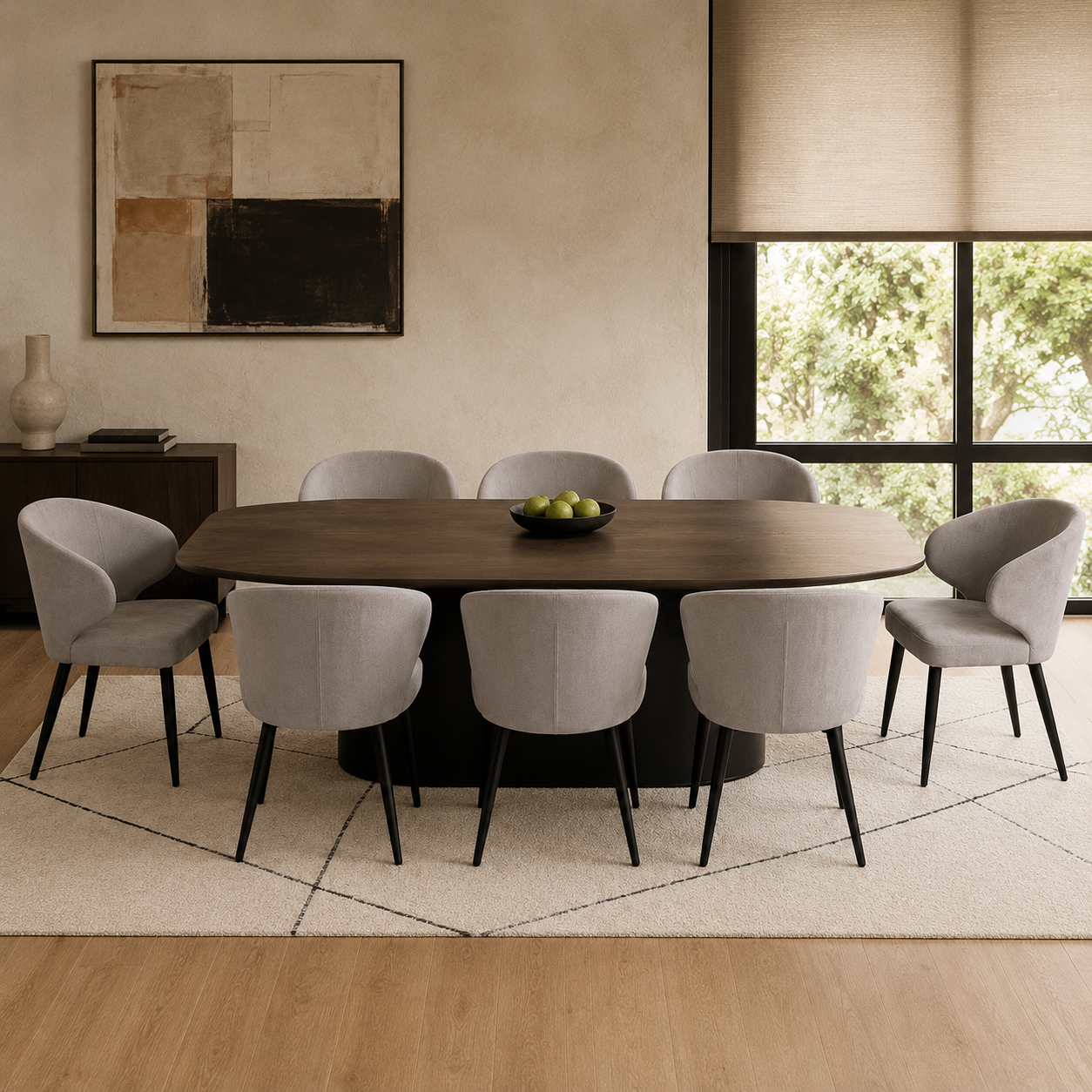 Comedor moderno con ocho sillas Vita gris claro dispuestas alrededor de una mesa ovalada oscura.