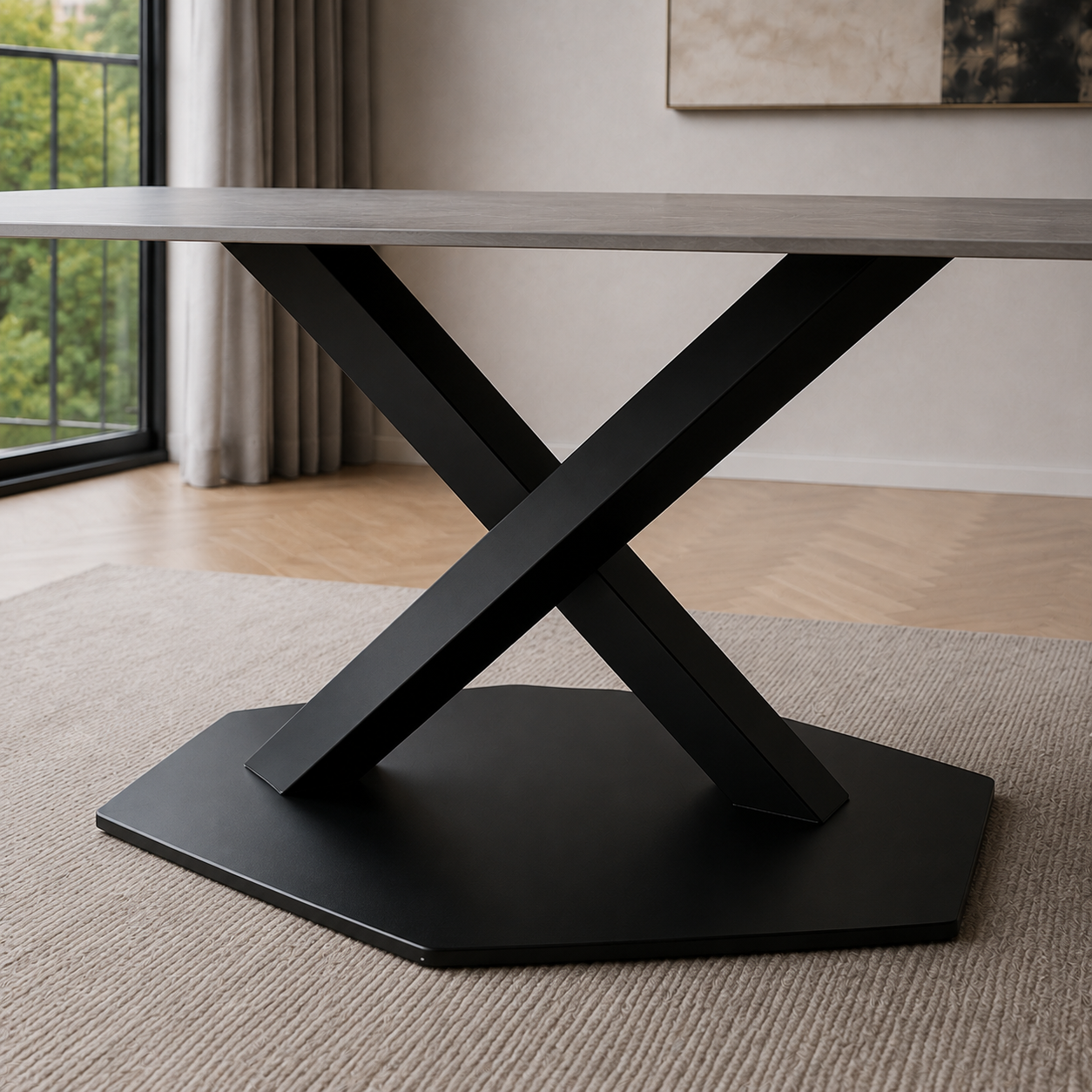 Primer plano de la base metálica negra de la mesa Cross con diseño de planos cruzados y soporte hexagonal.