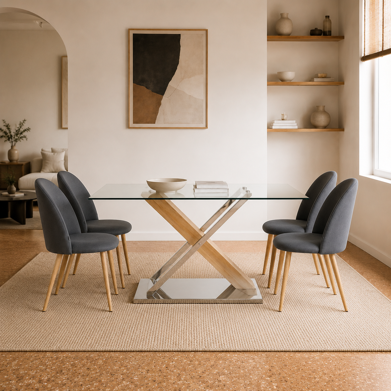 Vista frontal de la Mesa Calgary Base Natural con sillas grises en un ambiente de comedor moderno y luminoso.