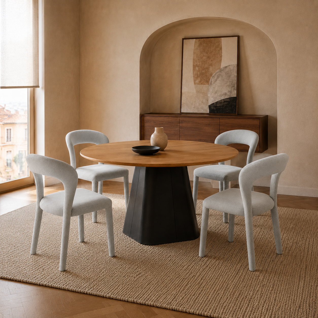 Mesa Concud con tapa de madera clara y base negra acompañada de sillas modernas en un living.