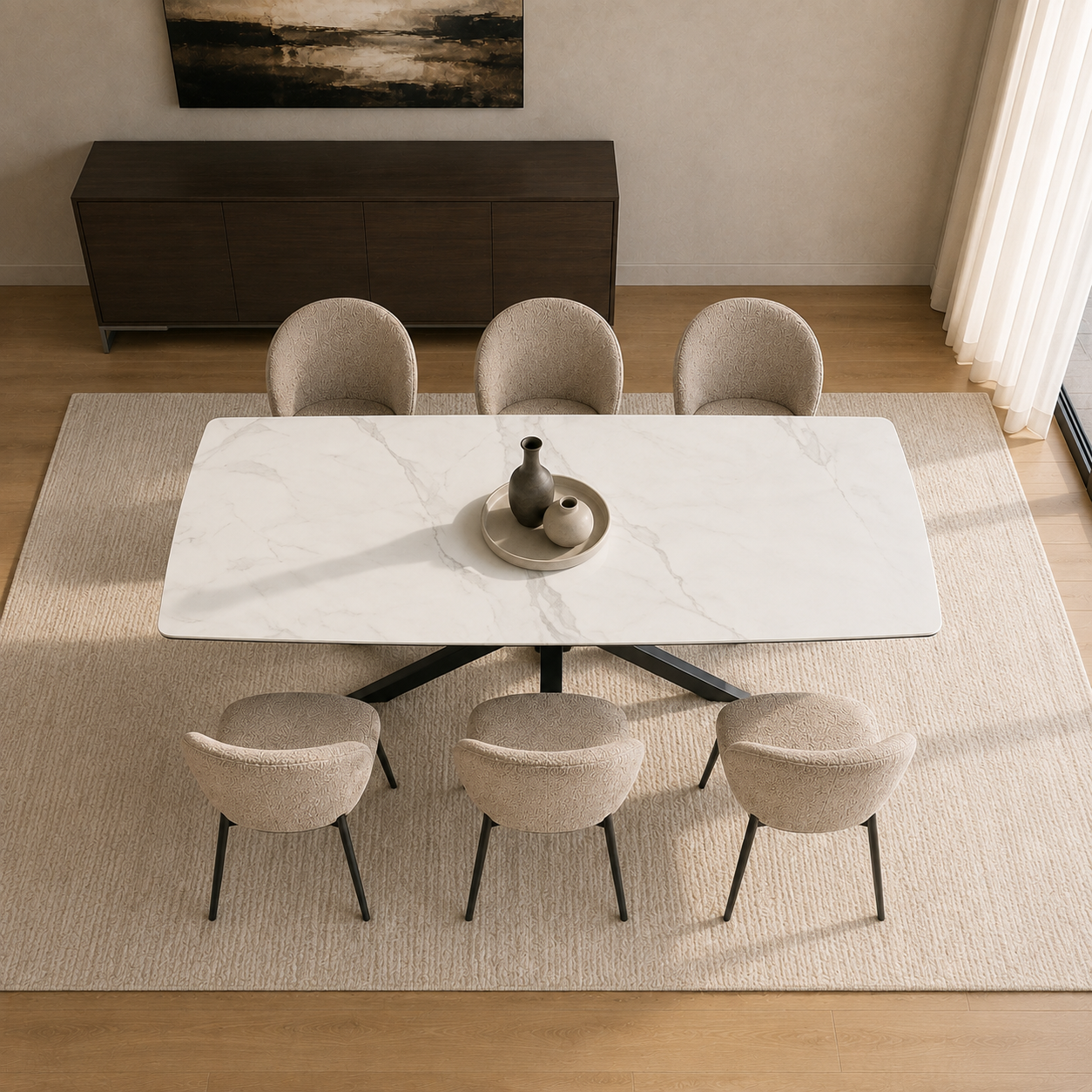 Vista cenital de la Mesa Turín Neo Statuario rectangular con seis sillas en un ambiente de comedor.