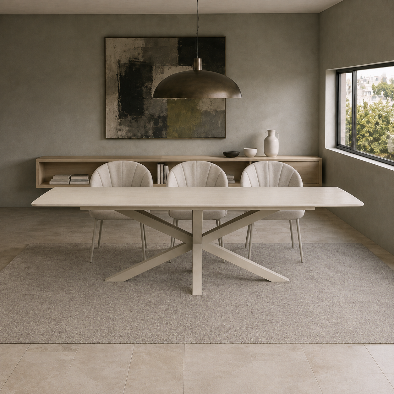Vista frontal de la mesa de comedor Turín con su estructura metálica y tapa de Neolith.