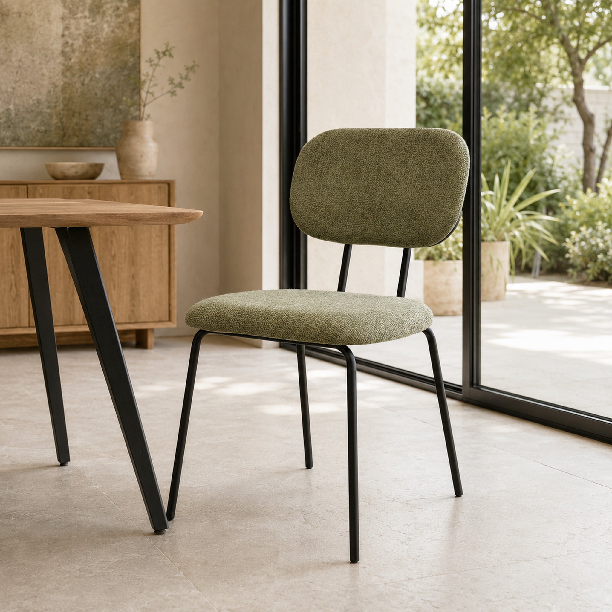 Silla Denver Chenille Verde Oliva Base Negra