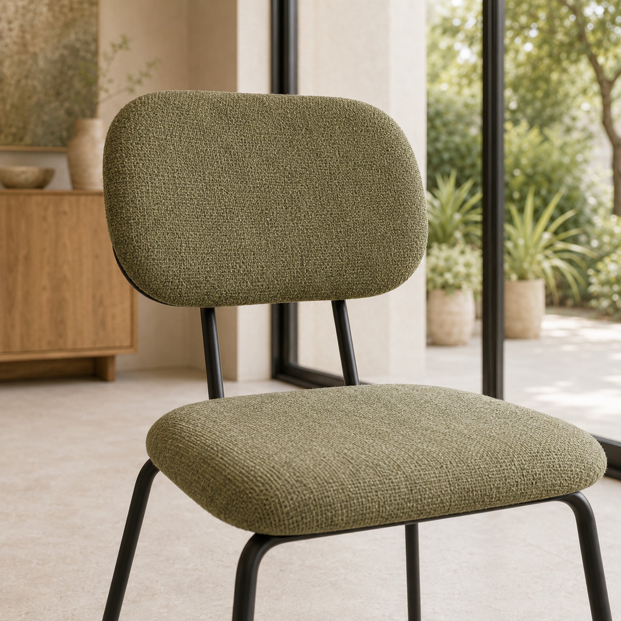 Silla Denver Chenille Verde Oliva Base Negra