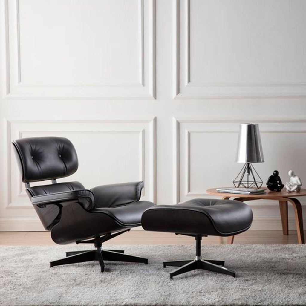 Sillón Lyra Cuero Negro con Ottomano