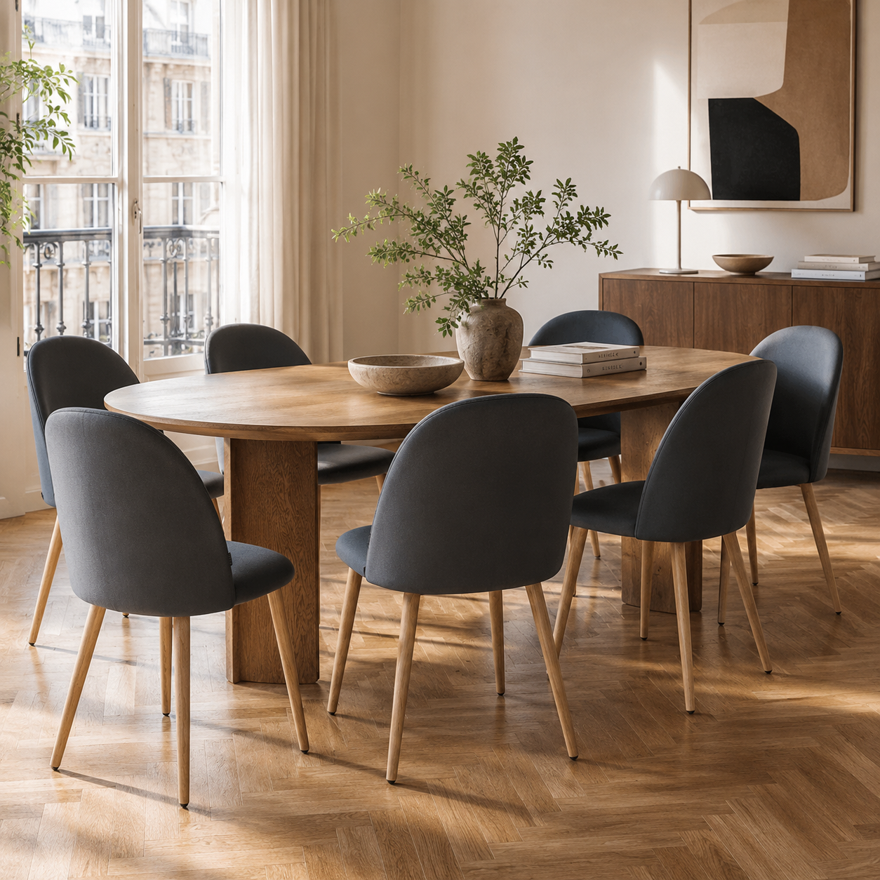 Silla Livia Lisa Gris Oscuro Pana Base Natural