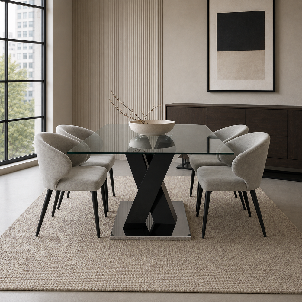 Mesa Kavi de frente con base central negra y tapa de vidrio, acompañada por sillas modernas de tono gris claro.