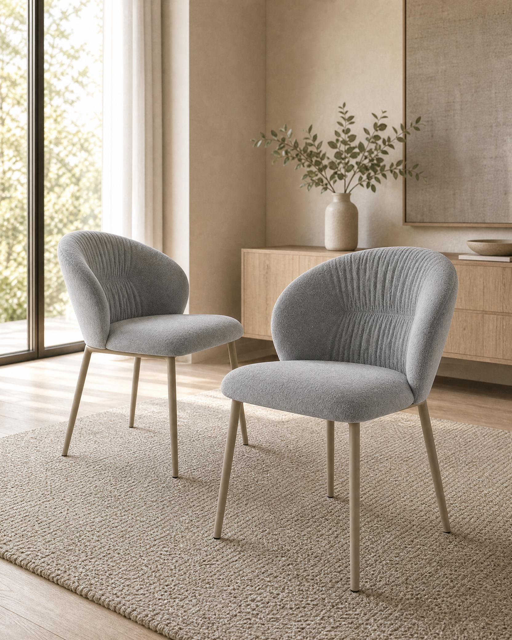 Sillas Bristol Chenille Gris Base Capuccino en ambiente lifestyle