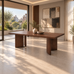 Mesa Arezzo rectangular de MDF enchapado en fresno, con acabado nogal marrón y base curva.
