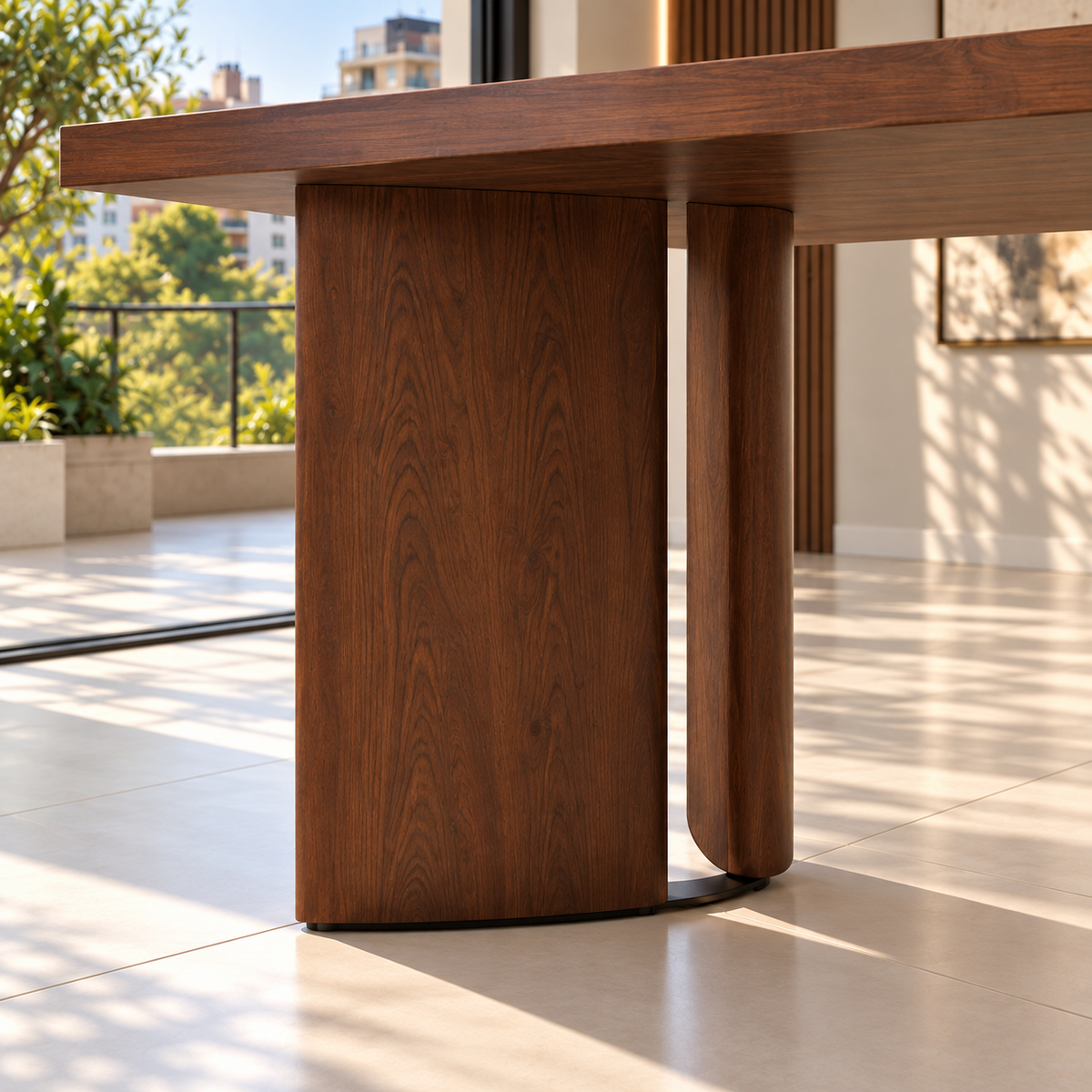 Detalle de la base curva y la conexión metálica negro mate de la Mesa Arezzo.