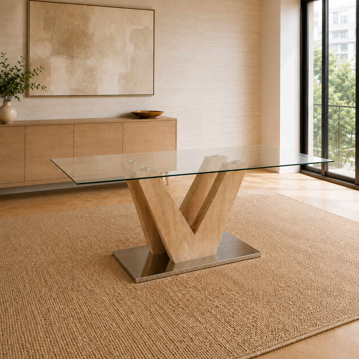 Mesa Ámbar con tapa de vidrio rectangular y base de madera natural sobre una base metálica en un comedor.