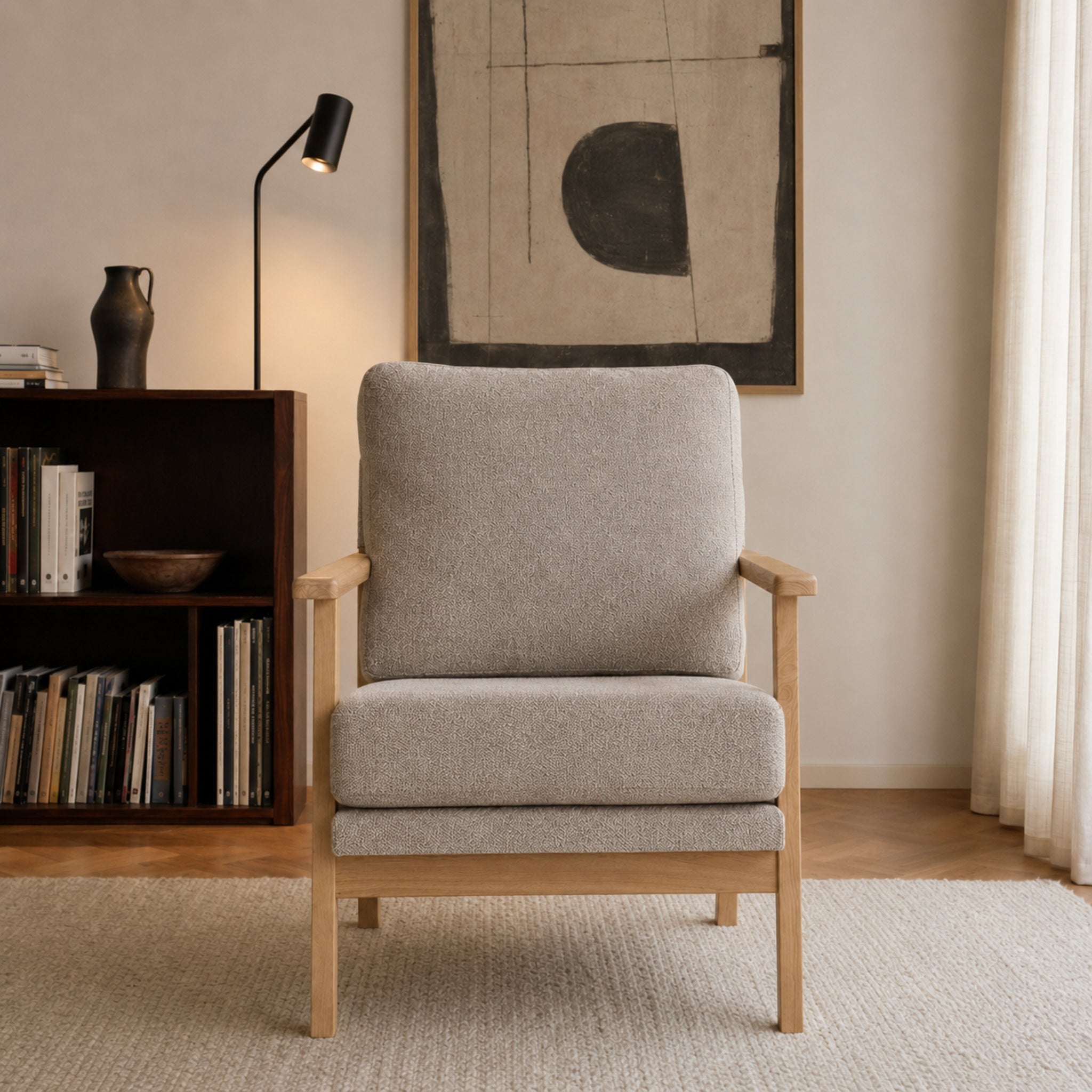 Sillón Niko Chenille Taupe Base Natural