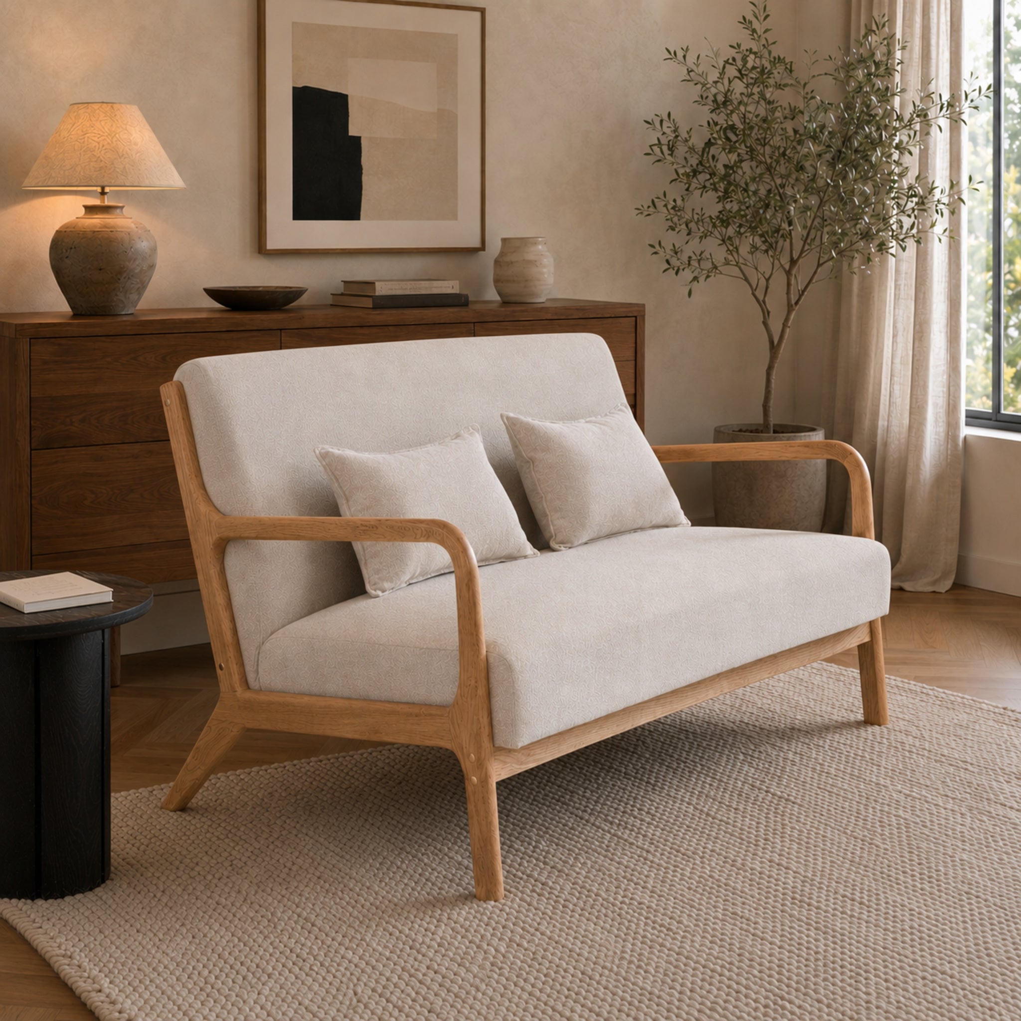 Sillón Olia 2 Cuerpos Chenille Beige Base Natural