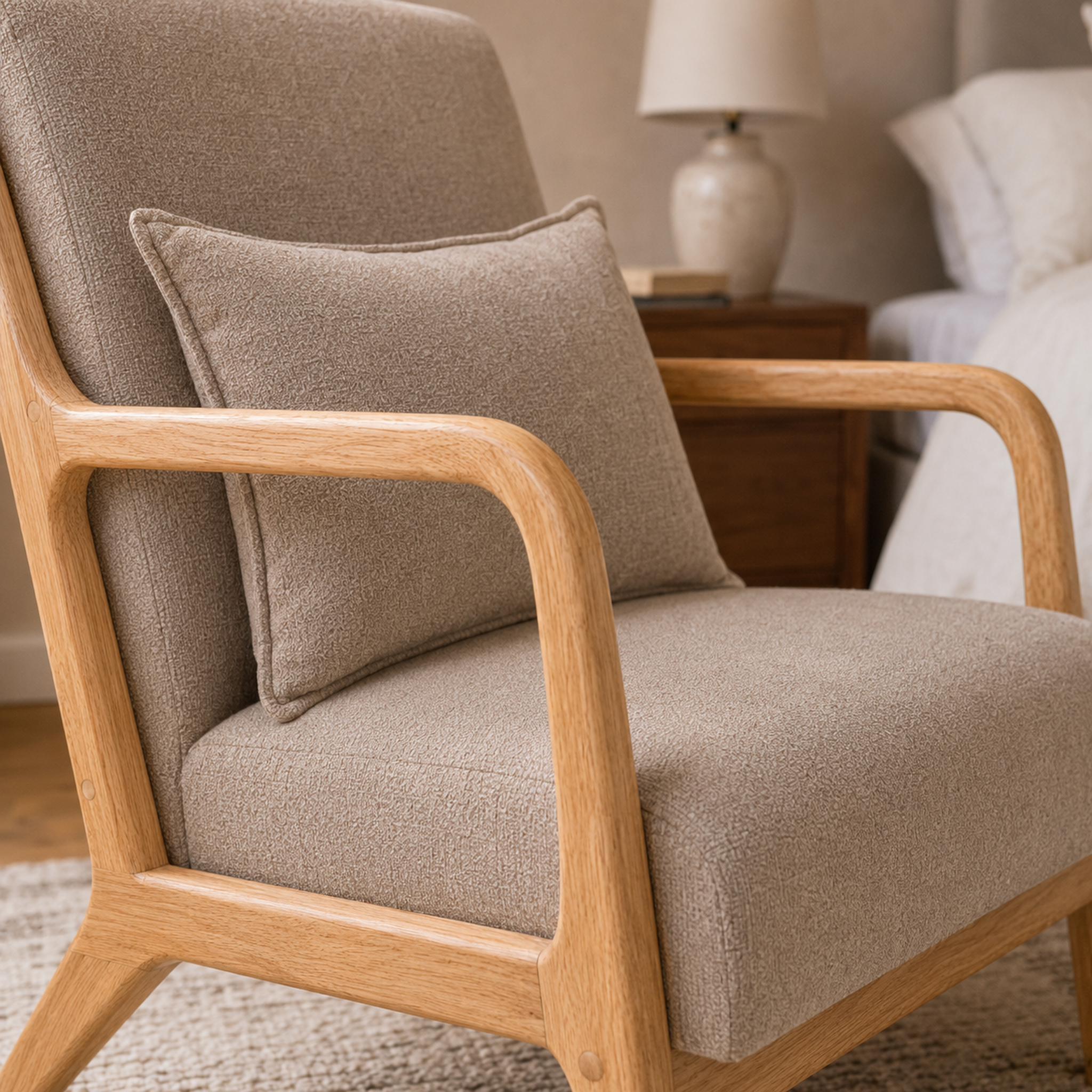 Sillón Olia Chenille Taupe Base Natural