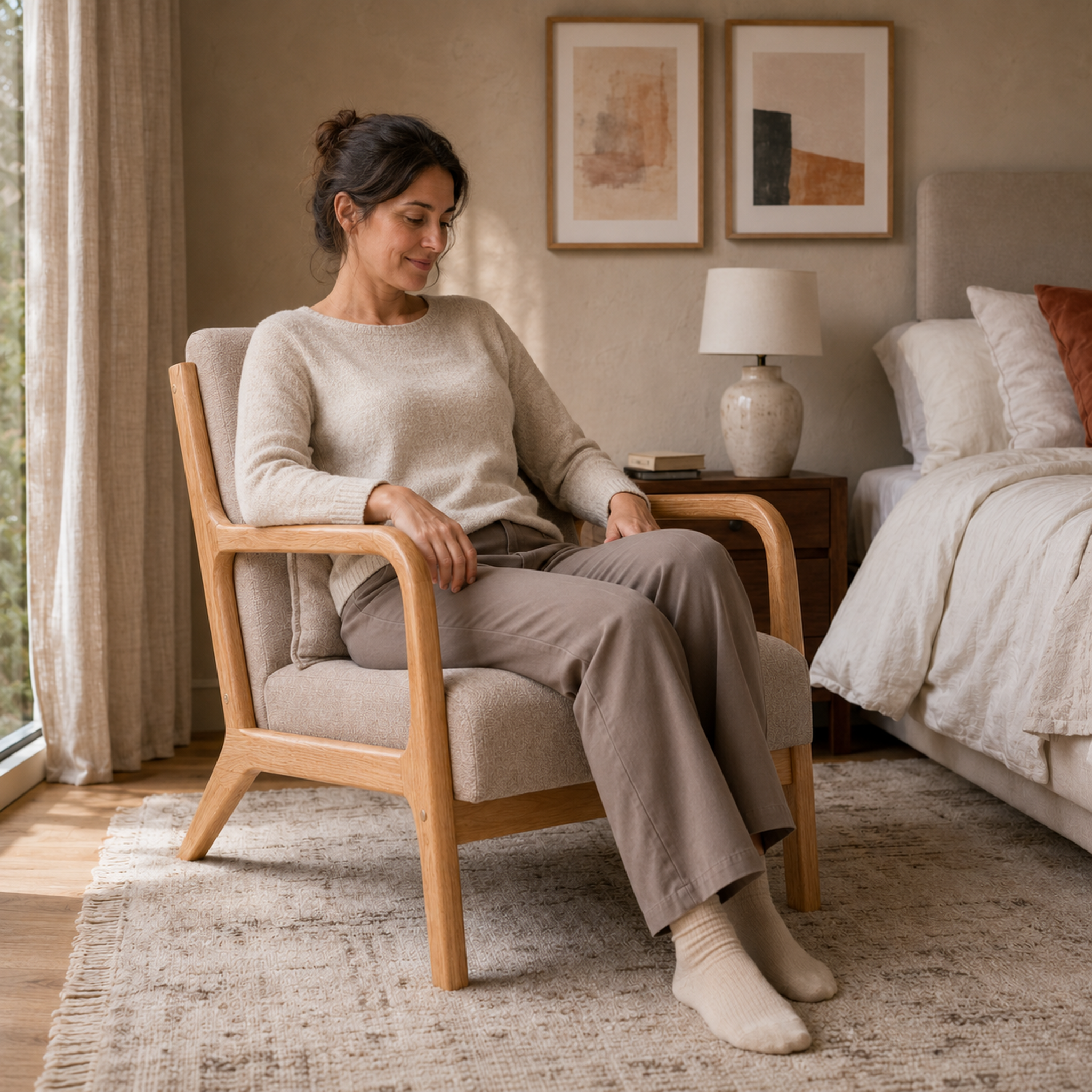Sillón Olia Chenille Taupe Base Natural