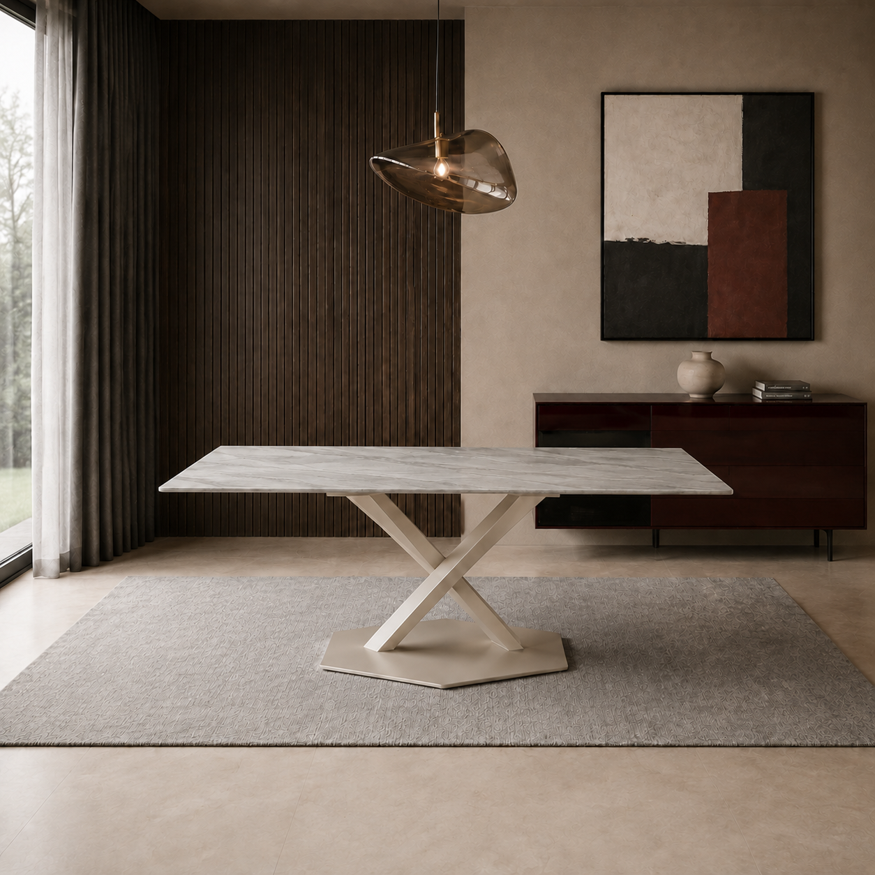 Mesa Cross con tapa terminación travertino y base capuccino cruzada en un ambiente de comedor moderno.