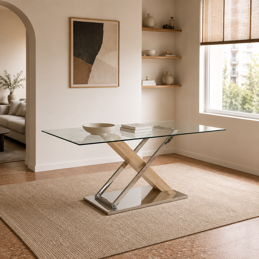 Mesa Calgary con tapa de vidrio rectangular y base en X de madera clara y metal cromado sobre alfombra beige.