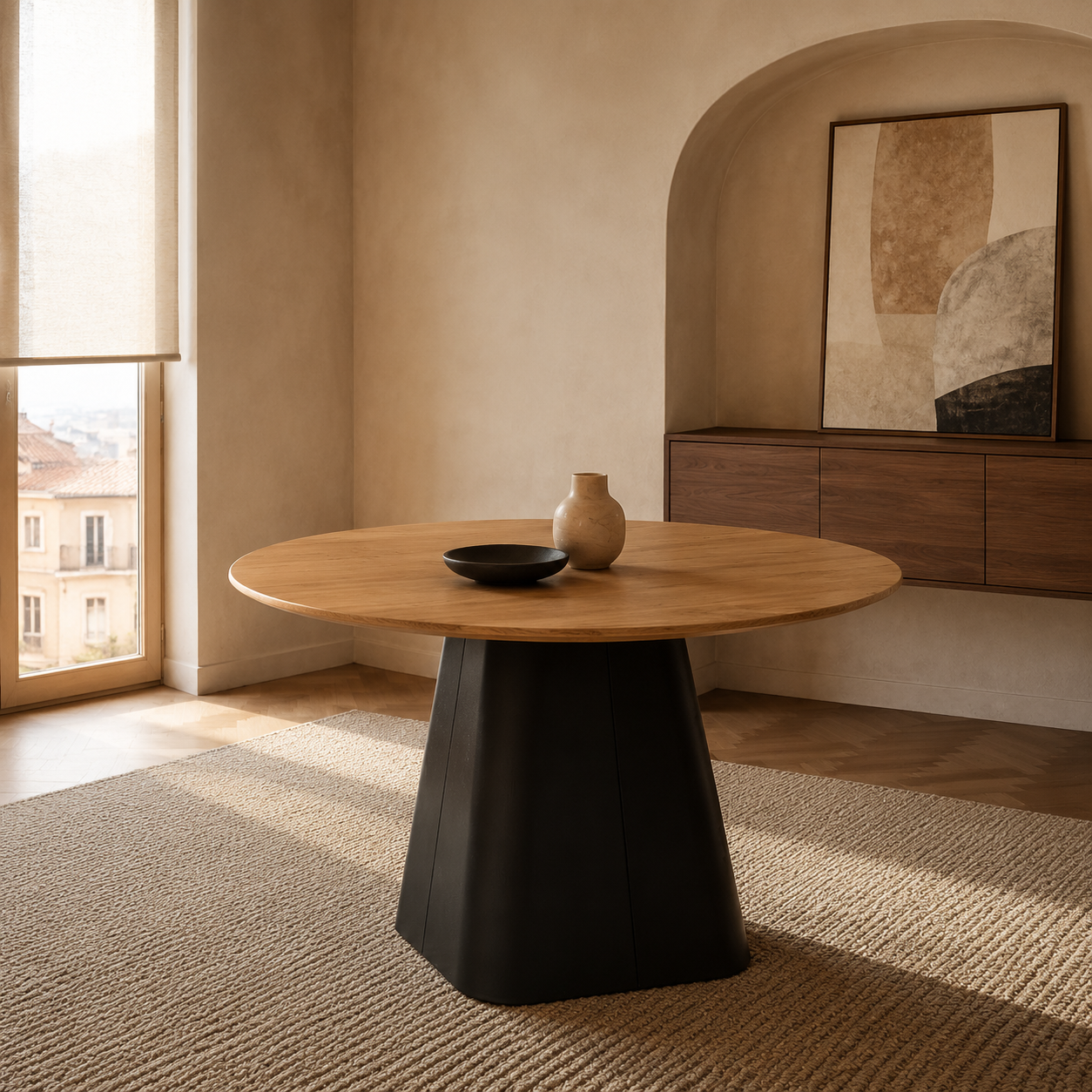 Mesa Concud redonda con tapa símil madera y base metálica negra en un ambiente de comedor.