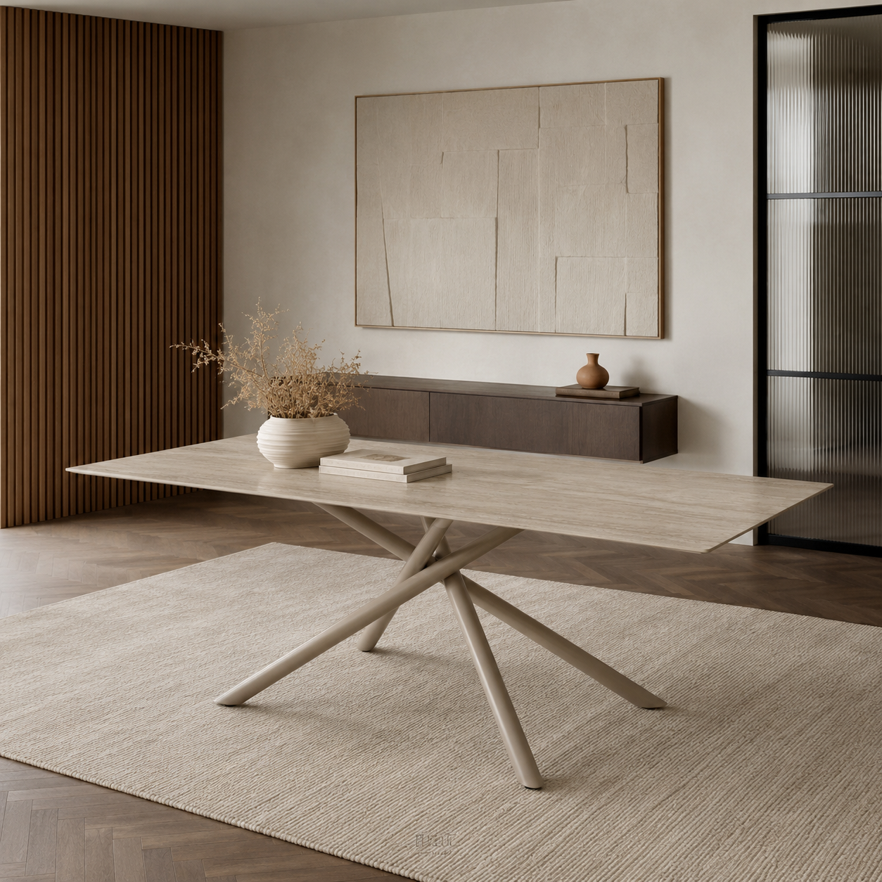Mesa Moon Base Capuccino rectangular con tapa estilo travertino y base de hierro beige en un ambiente minimalista.