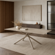 Mesa Moon Base Capuccino rectangular con tapa estilo travertino y base de hierro beige en un ambiente minimalista.