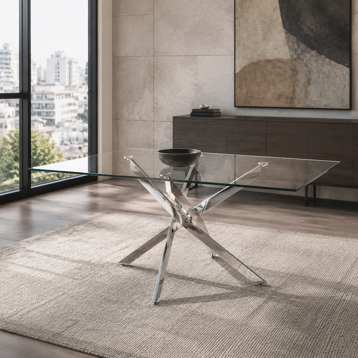 Mesa Muna con tapa de vidrio y base cromada en cruz, vista angular en comedor moderno.