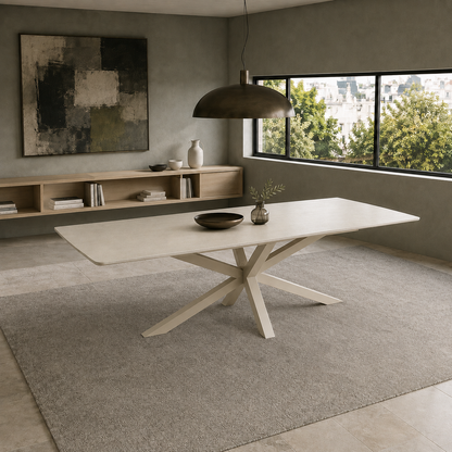 Mesa de comedor Turín con tapa Neo Travertino y base metálica capuccino en un ambiente moderno.