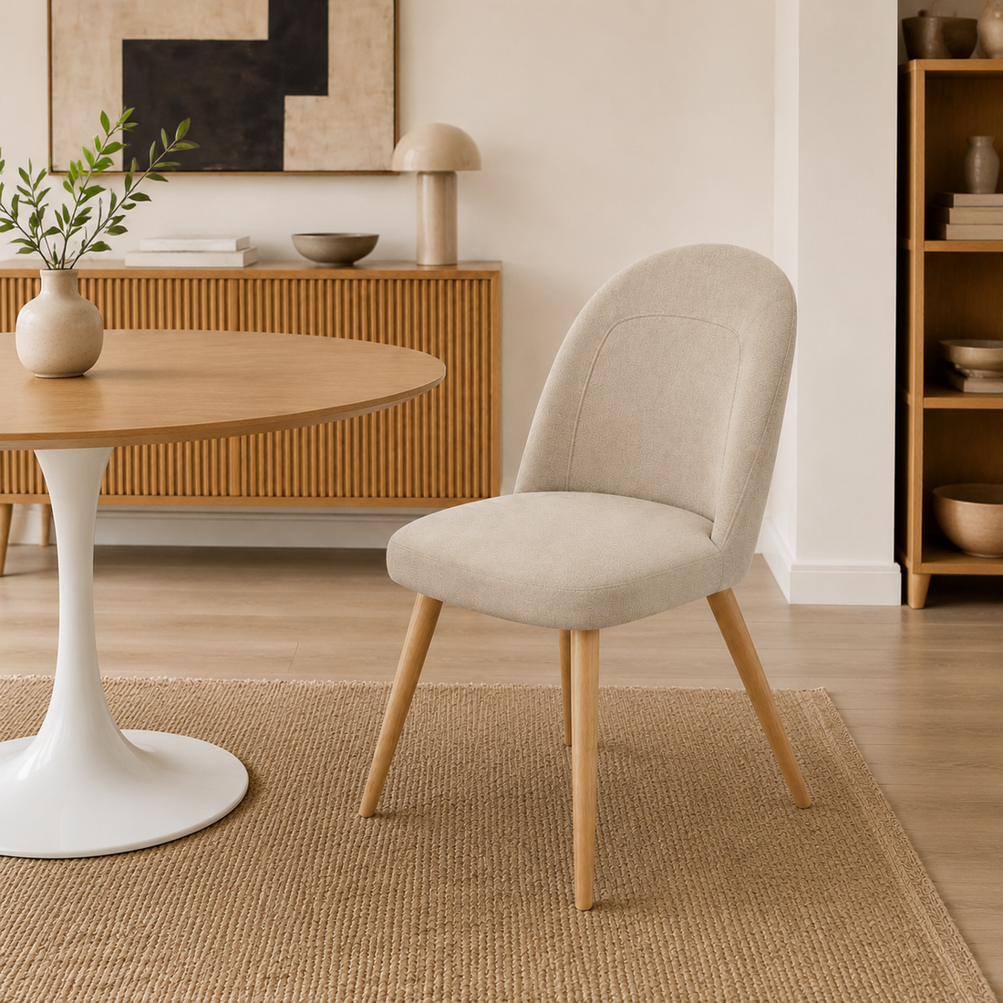 Silla Lara Chenille Taupe Base Natural