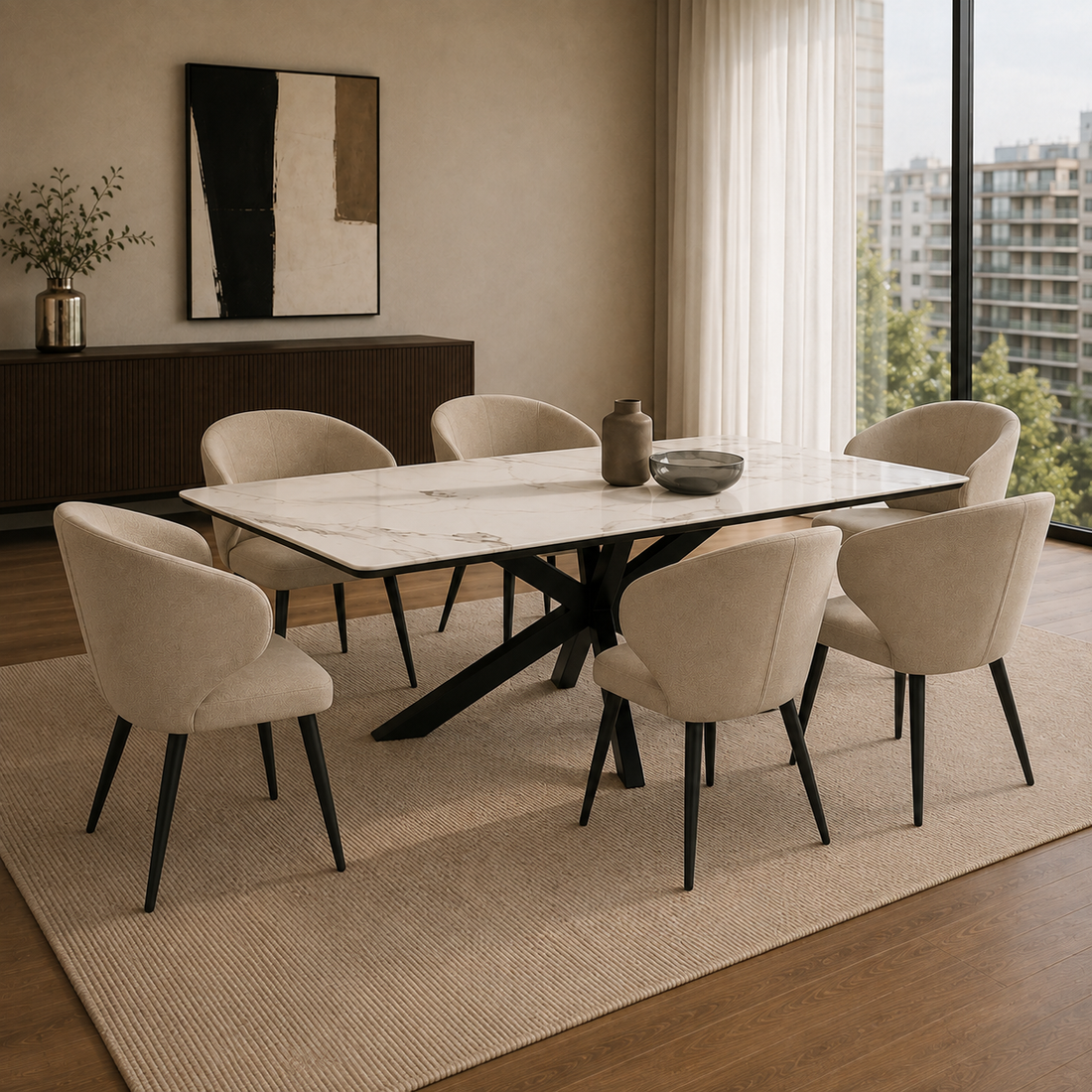 Seis sillas Vita en color taupe con base negra dispuestas alrededor de una mesa de comedor rectangular con tapa de mármol.