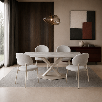 Mesa de comedor Cross con tapa travertino y base capuccino rodeada por cuatro sillas de diseño.