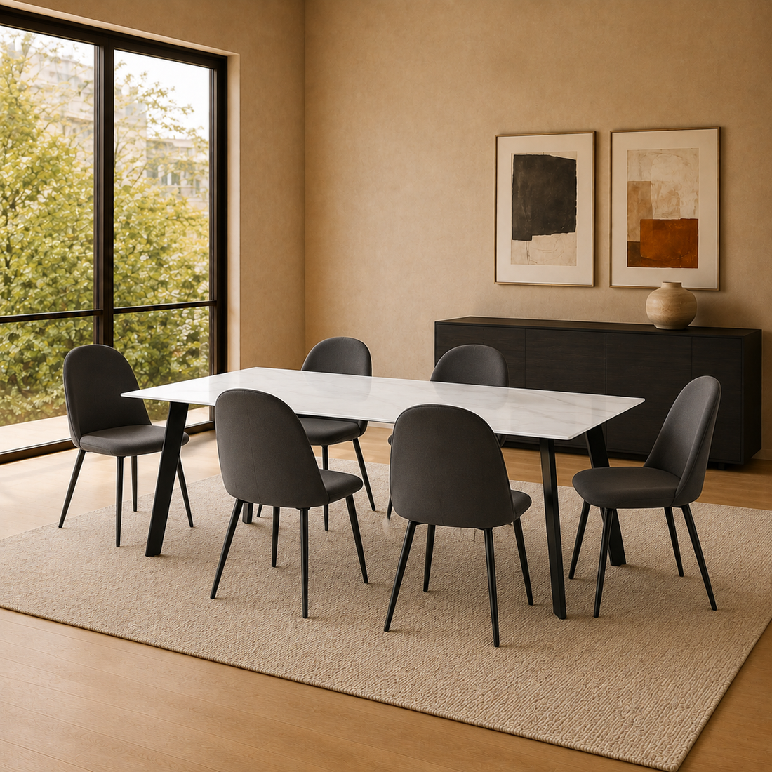 Mesa Carver Calacata rectangular con base negra y tapa blanca, ambientada con seis sillas tapizadas en color gris oscuro.