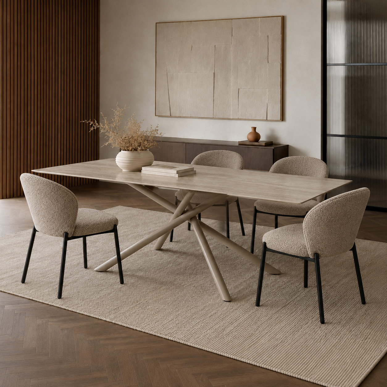 Mesa de comedor Moon Base Capuccino con tapa clara y base beige, acompañada por sillas en un living moderno.