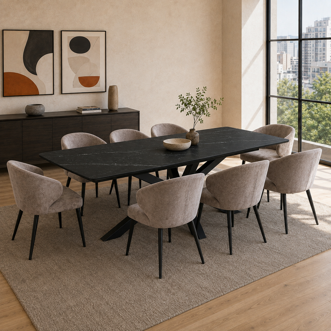 Mesa de comedor Turín Neo Black Marquina acompañada por sillas tapizadas en un ambiente luminoso.