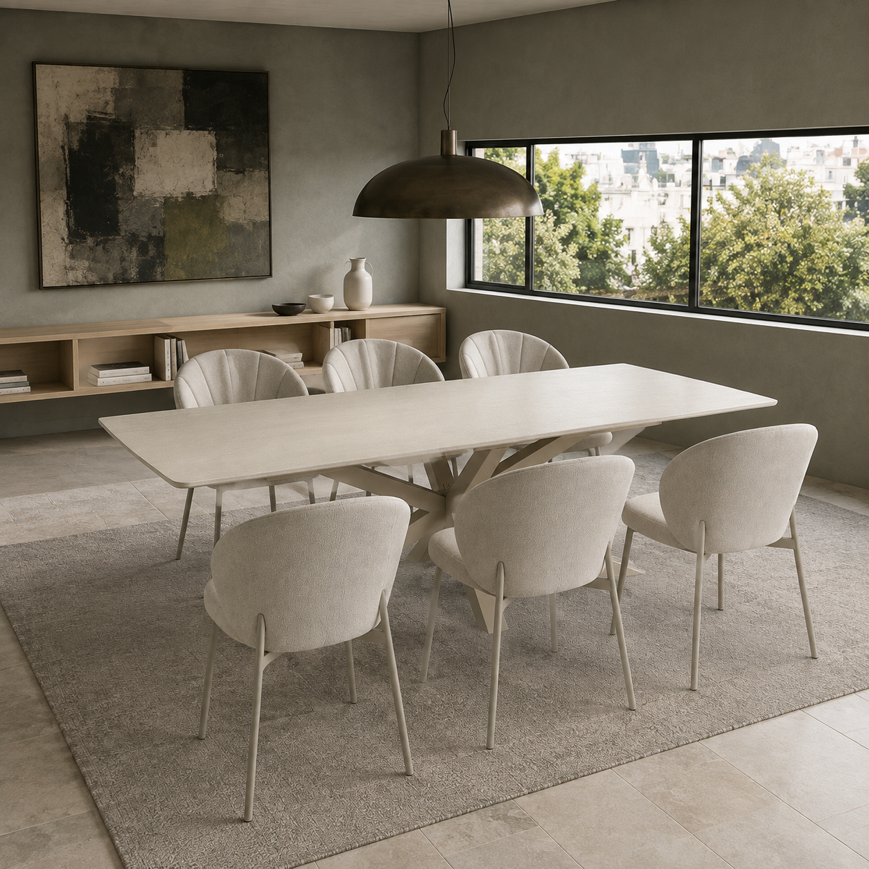 Mesa Turín Neo Travertino con base capuccino rodeada por seis sillas tapizadas en un comedor.