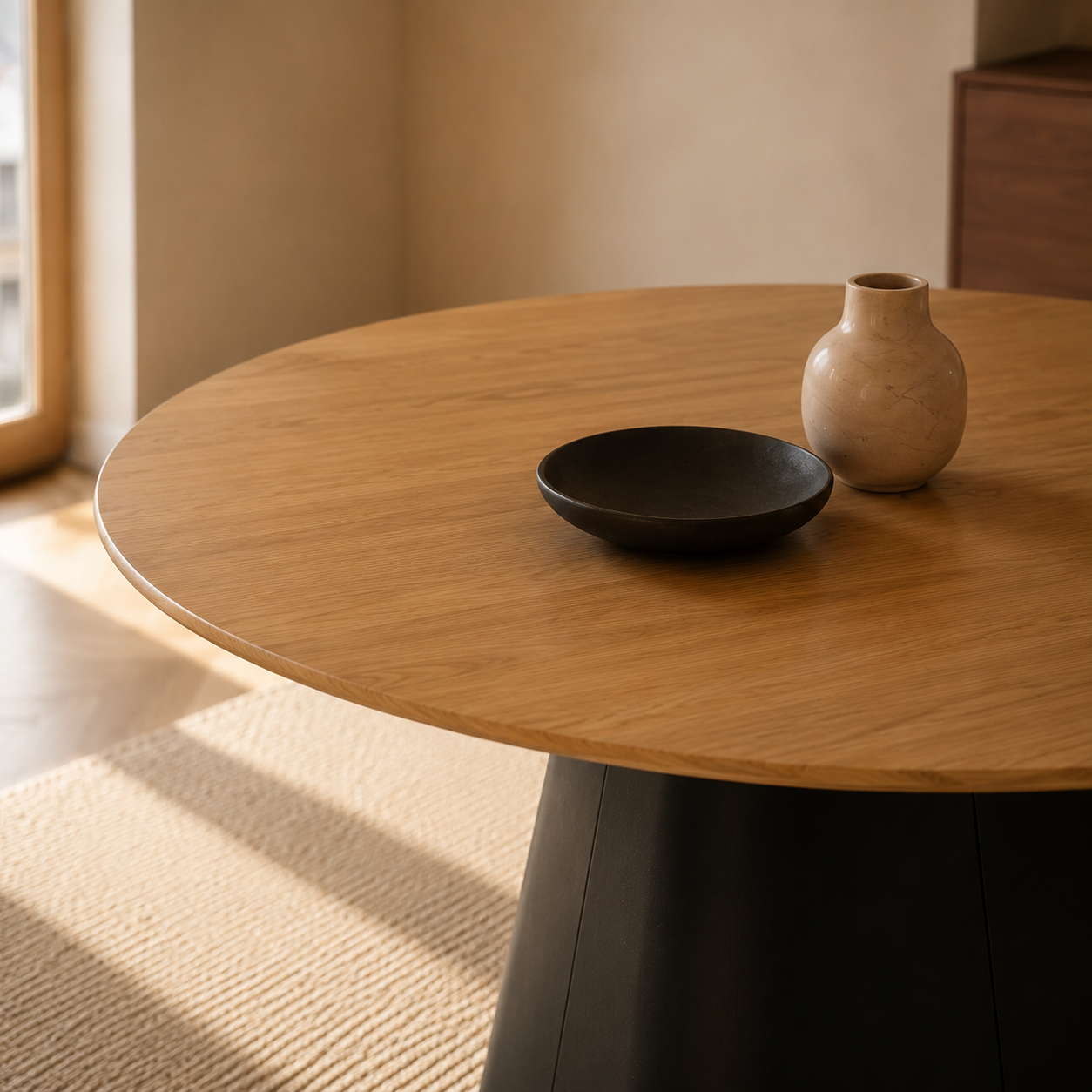 Primer plano de la tapa circular de la Mesa Concud con textura símil madera roble y objetos decorativos.