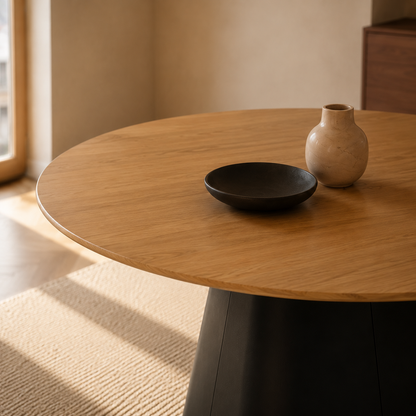 Primer plano de la tapa circular de la Mesa Concud con textura símil madera roble y objetos decorativos.