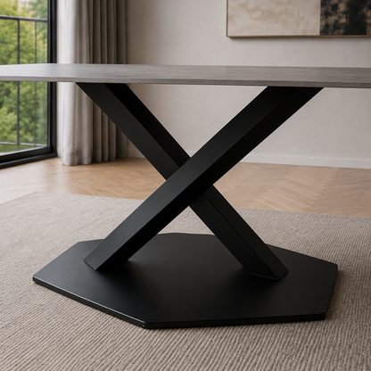 Primer plano de la base metálica negra de la mesa Cross con diseño de planos cruzados y soporte hexagonal.