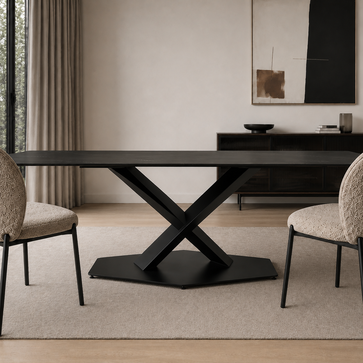 Mesa de reunión Cross Black Marquina vista de frente, resaltando el contraste entre la tapa oscura y la base negra.