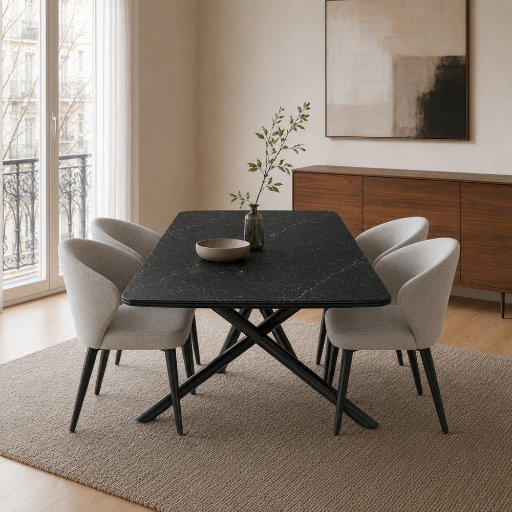 Mesa de comedor Sava Statuario Negro vista desde el lateral corto, resaltando sus proporciones de 180 cm x 90 cm.