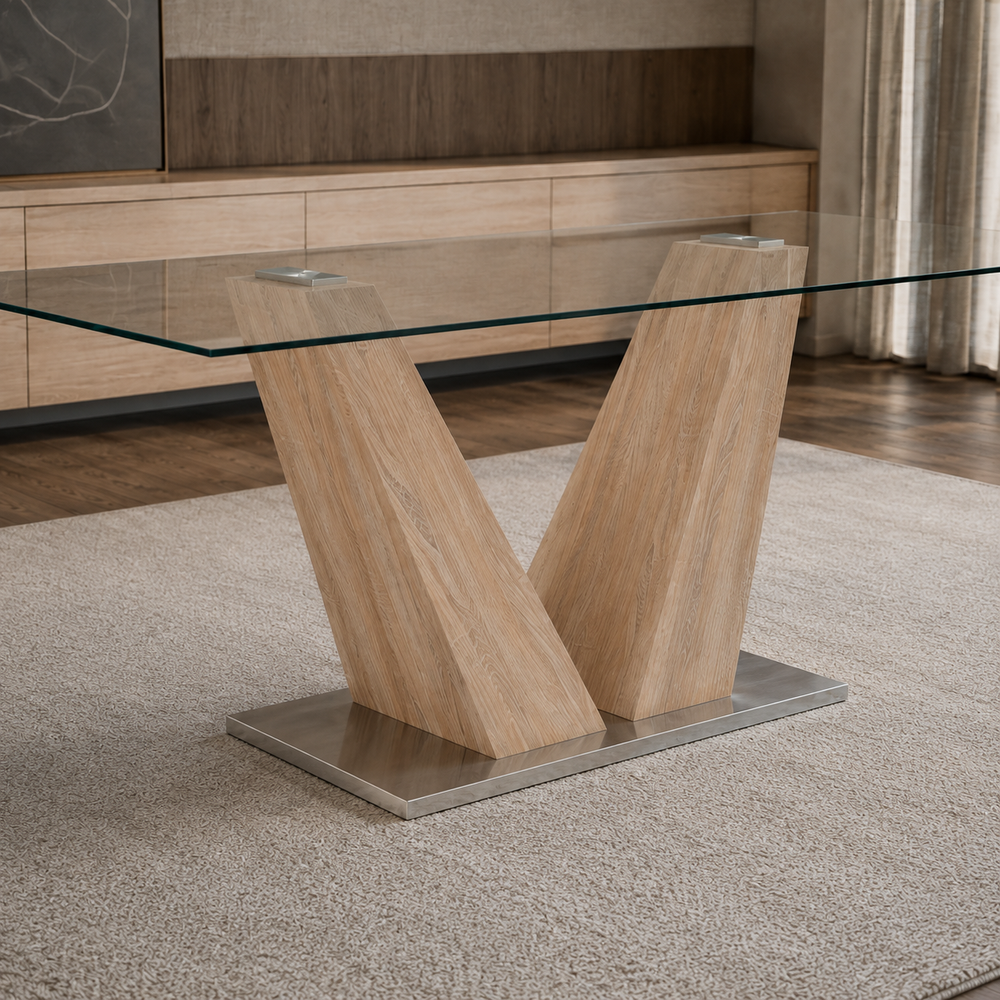 Vista de los pilares de apoyo de la Mesa Thalia con acabado natural y su base rectangular de metal cepillado.