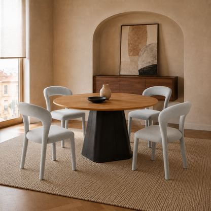Mesa Concud con tapa de madera clara y base negra acompañada de sillas modernas en un living.
