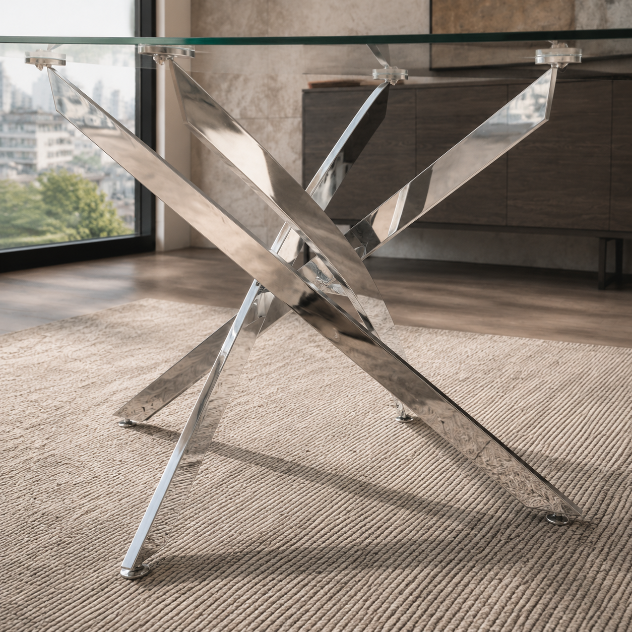 Vista inferior de la base cromada de líneas rectas y diseño entrelazado de la Mesa Muna.