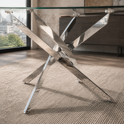 Vista inferior de la base cromada de líneas rectas y diseño entrelazado de la Mesa Muna.