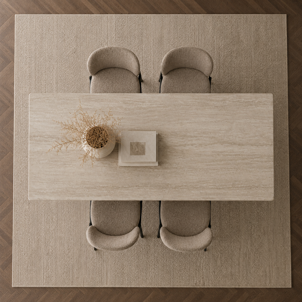 Vista cenital de la Mesa Moon Base Capuccino destacando su tapa rectangular de 180x90 cm con veta natural.
