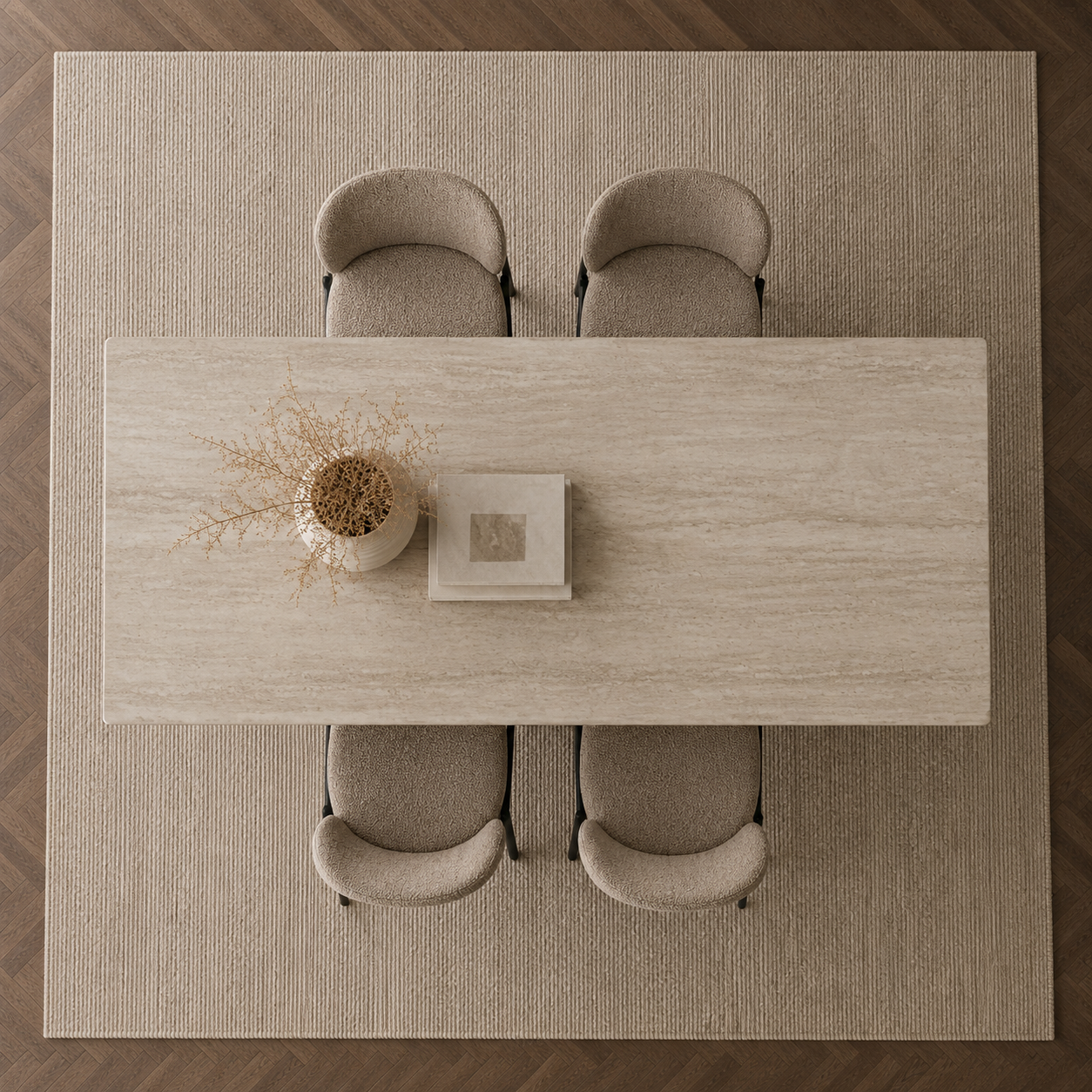 Vista cenital de la Mesa Moon Base Capuccino destacando su tapa rectangular de 180x90 cm con veta natural.
