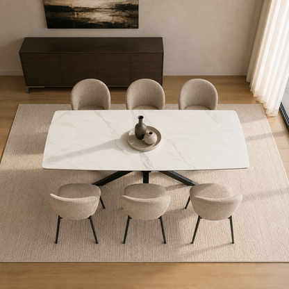 Vista cenital de la Mesa Turín Neo Statuario rectangular con seis sillas en un ambiente de comedor.