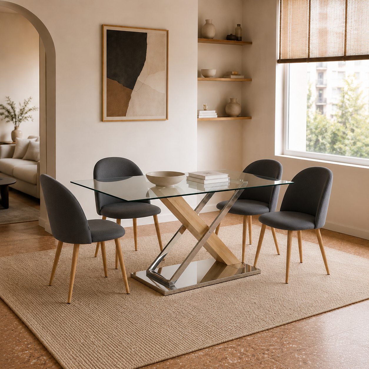 Perspectiva de la Mesa Calgary Base Natural en un comedor con decoración minimalista y tonos neutros.
