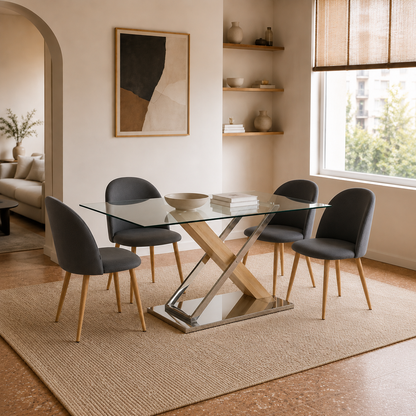 Perspectiva de la Mesa Calgary Base Natural en un comedor con decoración minimalista y tonos neutros.